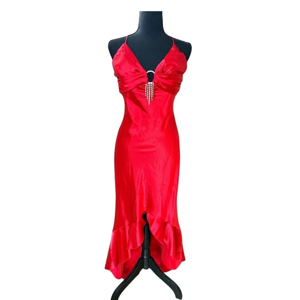Y2K Eureka USA Red Satin High Low Gown‎ Rhinestone Formal Dress Medium HOCO
